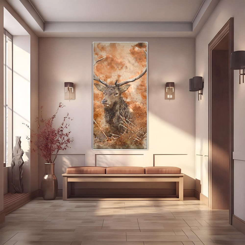 Tablou canvas cu tablou canvas cu cerb in padure, in rama de aluminiu argintiu